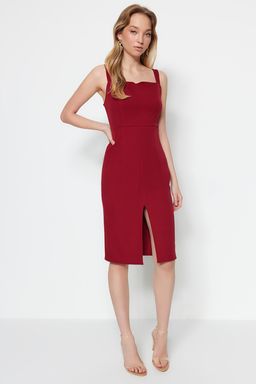 Bordo Vucudu Saran Y?rtmacl? Ask?l? Midi Kalem Etek Dokuma Elbise TWOSS19BB0216