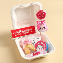 Подарочный набор Котик в бенто коробке: леденец со вкусом малины 15 г., леденецы в тубусе мульти 32 г., жевательная резинка 15 г., молочный шоколад 27 г., печенье с предсказанием 6 г., жевательная конфета 10 г. - Фабрика счастья фото 2