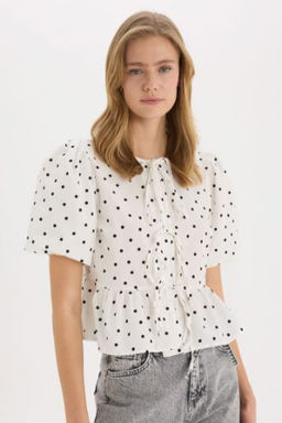 Regular Fit Bisiklet Yaka Bask?l? Poplin K?sa Kollu Bluz