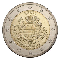 Монета 2 евро 2012 года Эстония 10 лет евро наличными