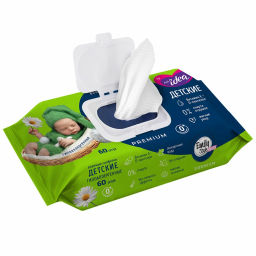 EMILY STYLE влажн.салфетки (60шт) Премиум by Fresh idea, Детские 0+ гипоаллергенные без отдушки, с крышкой, зел/гол