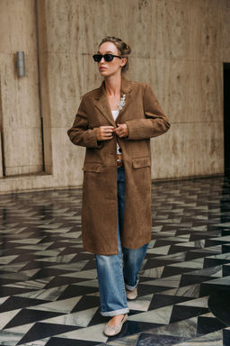FAUX SUEDE BROOCH FROCK COAT