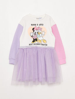 Bisiklet Yaka Minnie Mouse ve Daisy Duck Bask?l? Uzun Kollu K?z ?ocuk Elbise