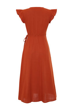 Kiremit Kruvaze F?rf?r Detayl? Keten Gorunumlu Midi Dokuma Elbise TWOSS24EL00071 - Trendyolmilla фото 8