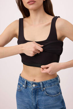 Siyah Duz Fitted Havuz Yaka Kal?n Ask?l? Gogus Pedli Interlok Orme Atlet TWOSS26AL00056 - Trendyolmilla фото 3