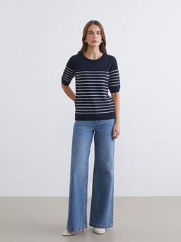 Bisiklet Yaka ?izgili Kad?n Triko Kazak