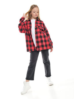 Рубашка в клетку оверсайз с длинным рукавом (128-146см) 22-7462 красная клетка - Mini maxi фото 5