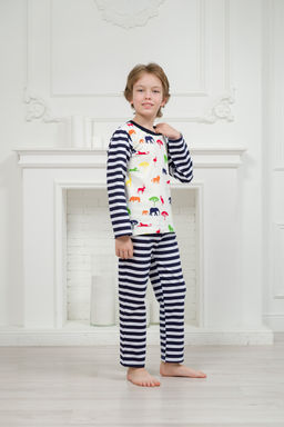 Пижама детская из джемпера и брюк без манжет из интерлока Сафари темно-синий полоса - Амадэль фото 5
