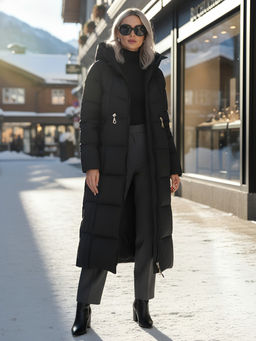 Пальто зимнее утепленное с капюшоном женское черного цвета 7729Ch - Visdeer фото 25