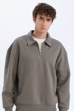Relax Fit Polo Yaka Fermuarl? Basic Duz Kal?n Sweatshirt - Defacto фото 2