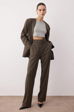 Haki Kemerli Cizgili Dokuma Genis Paca Pantolon TWOAW26PL00083