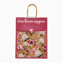 Пакет с клапаном Цветы, крафт, глиттер, 19.5?10?25 см