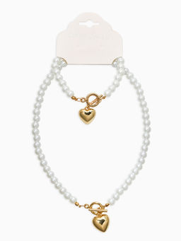 Набор 2 пред-та: бусы.браслет "Жемчуг", сердце, цвет белый в золоте L=18/42см №8