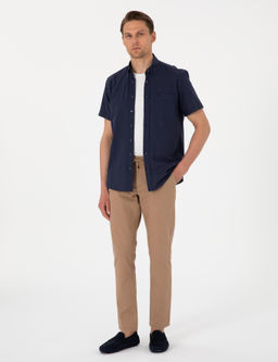Koyu Lacivert Keten G_r_n_ml_ Regular Fit K_sa Kollu Cepli G_mlek
