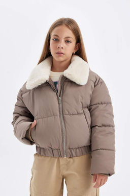 Пуховое пальто с воротником из искусственного меха для девочек, ветрозащитное пальто на молнии - Defacto фото 6