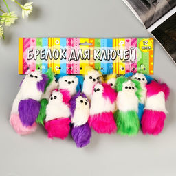 Цена за 12 шт. Пушистик на кольце с пищалкой "Пёсик с цветными ушками и хвостом" МИКС 10х4х4 см