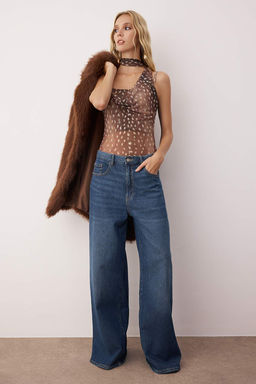 Kahverengi-Cok Renkli Animal Degaje Yaka Ask?l? Orme Tul Party Body TPRAW26BD00004