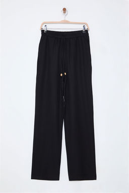 Siyah Straight/Duz Kesim Beli Lastikli Bagc?kl? Keten Gorunumlu Dokuma Pantolon TWOSS24PL00056 - Trendyolmilla фото 7