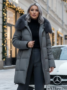 Пальто зимнее утепленное с мехом и капюшоном тренд темно-зеленого цвета 7630TZ - Visdeer фото 20