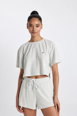 DeFactoFit Crop Bisiklet Yaka Sporcu Ribana K?sa Kollu Tisort