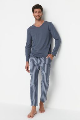 TRENDYOL MAN Ac?k Mavi Regular Fit Bask?l? Orme %100 Pamuk Pijama Tak?m? THMAW21PT0715 - Trendyolmilla фото 4