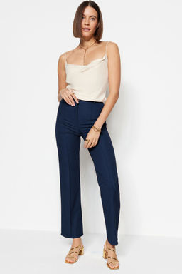 Lacivert Straight/Duz Kesim Yuksek Bel Nervur Dikisli Dokuma Pantolon TWOSS21PL0093