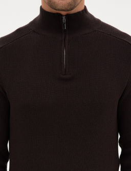 Koyu Kahverengi Slim Fit Dik Yaka Fermuarl_ Triko Kazak - Pierre cardin фото 6