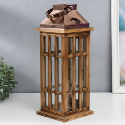 Деревянный подсвечник-фонарь на 1 свечу «Витраж», корица и медь набор 2 шт. 41.5×15.5×15.5, 58×22×22 см
