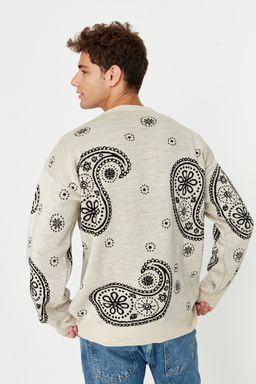 Trendyolmilla Man Bej Oversize Sal Desenli Bisiklet Yaka Triko Kazak TMNAW23KZ00104  фото 5