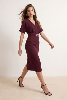Bordo Duz Midi Dokuma Elbise TWOSS26EL00903 - Trendyolmilla фото 2
