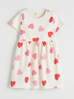 Bisiklet Yaka Kalp Bask?l? K?z ?ocuk Penye Elbise