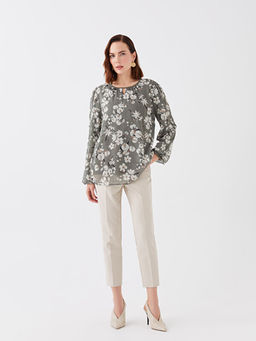 Bisiklet Yaka ?i?ekli Uzun Kollu Kad?n Bluz