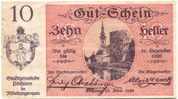 Банкнота 10 геллеров 1920 года Австрия  Пёхларн (нотгельд)