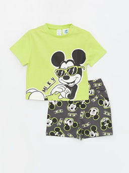 Bisiklet Yaka Mickey Mouse Bask?l? Erkek Bebek Ti??rt ve ?ort 2li Tak?m
