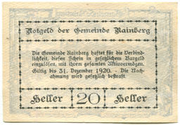 Банкнота 20 геллеров 1920 года Австрия  Райнсберг (нотгельд)
