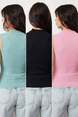 Siyah-Beyaz-Cok Renkli 3Lu Paket Fitted/Vucuda Oturan Fitilli Esnek Orme Bluz TWOSS24BZ00560 - Trendyolmilla фото 10