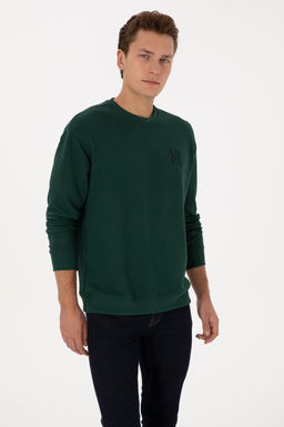 Erkek Oversize Fit Bisiklet Yaka Koyu Ye_il Sweatshirt