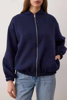 Lacivert Fermuarl? Oversize/Genis Kal?p Kal?n Ici Polarl? Orme Sweatshirt TWOAW25SW00122