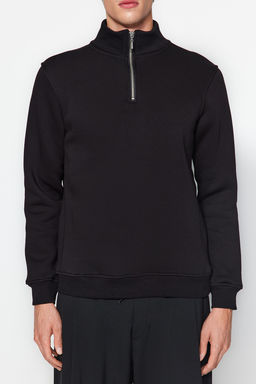 Siyah Regular/Normal Kesim Dik Yaka Fermuarl? Pamuklu Basic Ici Polarl? Sweatshirt TMNAW24SW00041