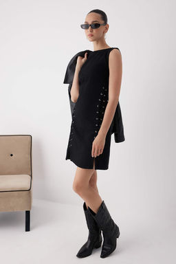 Siyah Kusgozu Baglama Detayl? Kolsuz Mini Denim Elbise TWOAW26EL00107