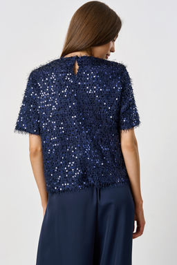 Блузка прямого силуэта из трикотажа с пайеткой синяя