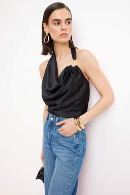 Siyah Duz Halter Yaka Kolsuz Dokuma Saten Gunduz / Gece Bluz TPRSS26BZ00049