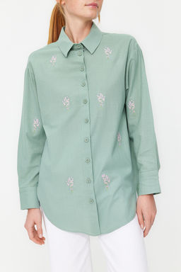 TRENDYOLMILLA Ekru Cicek Nak?s Detayl? Pamuklu Oversize Genis Kesim Dokuma Gomlek TWOSS22GO0246 фото 5