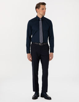 Lacivert %100 Pamuk Parlak Saten Slim Fit Uzun Kollu Basic G_mlek