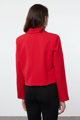 K?rm?z? Fiyonk/Kurdele Detayl? Gomlek Yakal? Crop Dokuma Blazer Ceket TWOAW25BC00018