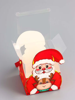 Цена за 10 шт. Складная коробка PVC с ручками, подарочная новогодняя, Санта и подарки, 9?9?9.5 см