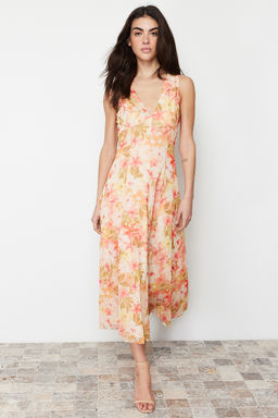 Cok Renkli Cicekli Cicek Bask?l? V Yaka Tul Esnek Orme Elbise TWOSS24EL00384