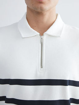 Polo Yaka Uzun Kollu ?izgili Erkek Sweatshirt