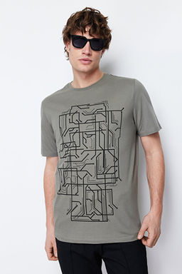 Haki Slim/Dar Kesim Bask_l_ %100 Pamuklu Bask_l_ T-Shirt TMNSS20TS0088