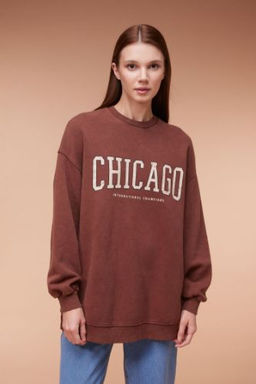 Bisiklet Yaka Bask?l? Ici Yumusak Tuylu Sweatshirt Tunik